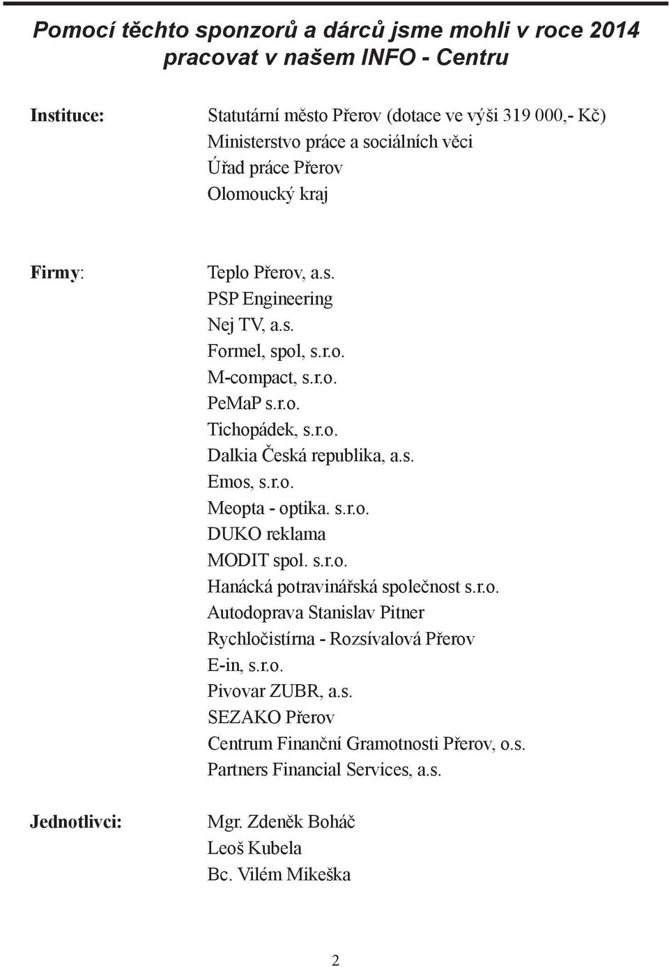 s. Emos, s.r.o. Meopta - optika. s.r.o. DUKO reklama MODIT spol. s.r.o. Hanácká potravinářská společnost s.r.o. Autodoprava Stanislav Pitner Rychločistírna - Rozsívalová Přerov E-in, s.