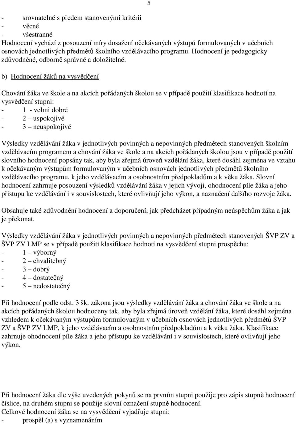 b) Hodnocení žáků na vysvědčení Chování žáka ve škole a na akcích pořádaných školou se v případě použití klasifikace hodnotí na vysvědčení stupni: - 1 - velmi dobré - 2 uspokojivé - 3 neuspokojivé 5