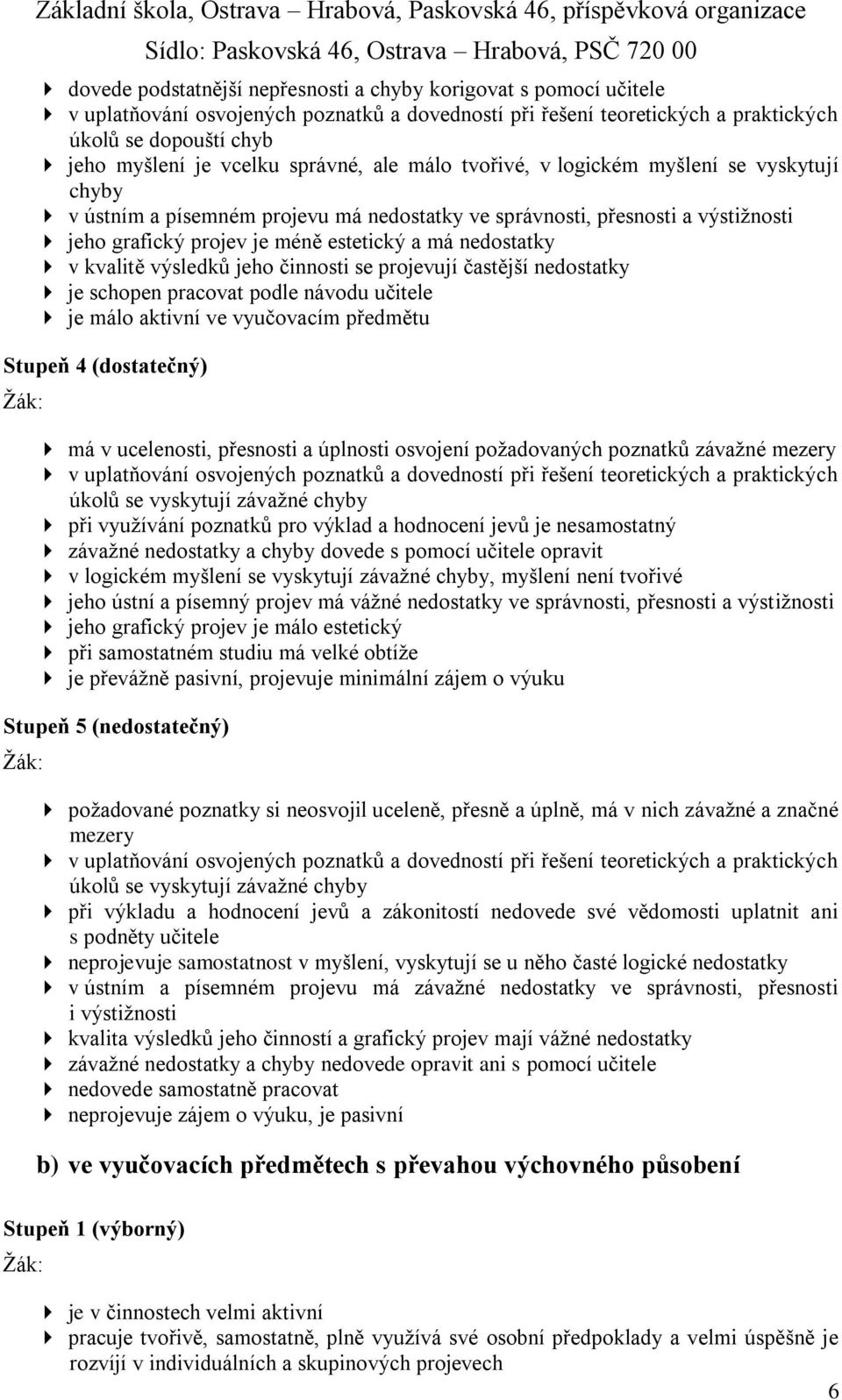 nedostatky v kvalitě výsledků jeho činnosti se projevují častější nedostatky je schopen pracovat podle návodu učitele je málo aktivní ve vyučovacím předmětu Stupeň 4 (dostatečný) má v ucelenosti,