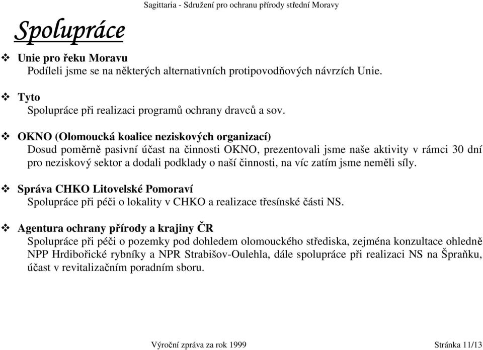 OKNO (Olomoucká koalice neziskových organizací) Dosud poměrně pasivní účast na činnosti OKNO, prezentovali jsme naše aktivity v rámci 30 dní pro neziskový sektor a dodali podklady o naší činnosti, na