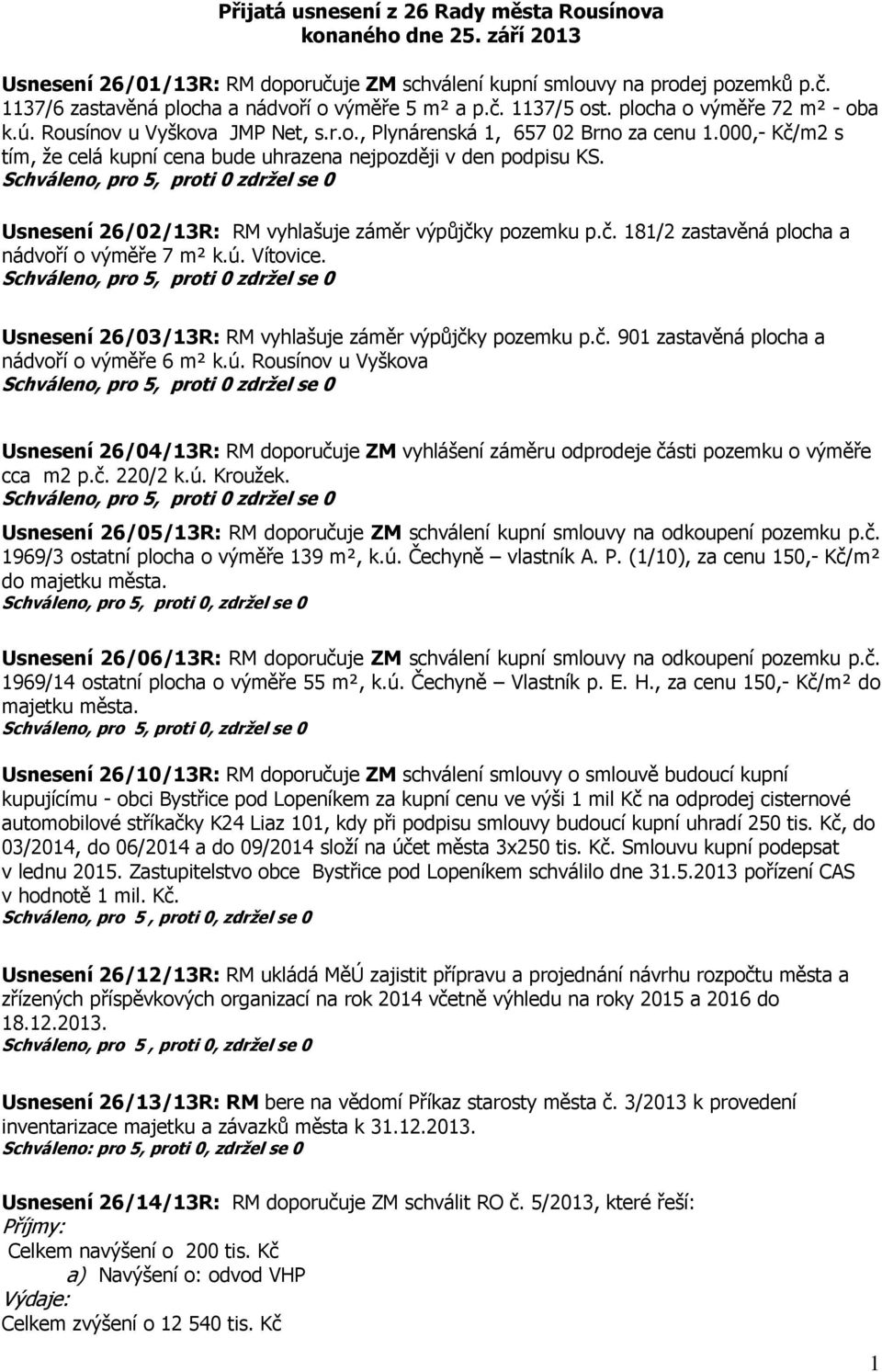 000,- Kč/m2 s tím, že celá kupní cena bude uhrazena nejpozději v den podpisu KS. Usnesení 26/02/13R: RM vyhlašuje záměr výpůjčky pozemku p.č. 181/2 zastavěná plocha a nádvoří o výměře 7 m² k.ú.