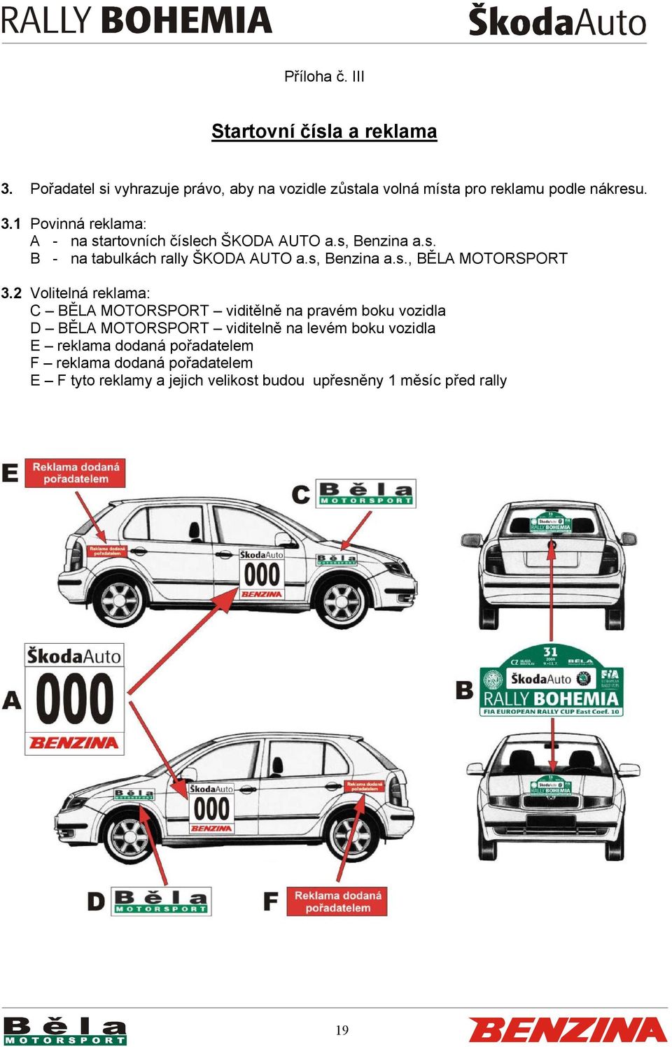 1 Povinná reklama: A - na startovních číslech ŠKODA AUTO a.s, Benzina a.s. B - na tabulkách rally ŠKODA AUTO a.s, Benzina a.s., BĚLA MOTORSPORT 3.