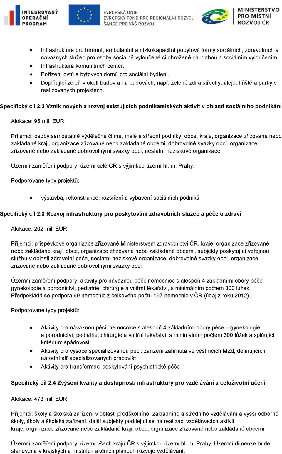 zelené zdi a střechy, aleje, hřiště a parky v realizovaných projektech. Specifický cíl 2.2 Vznik nových a rozvoj existujících podnikatelských aktivit v oblasti sociálního podnikání Alokace: 95 mil.