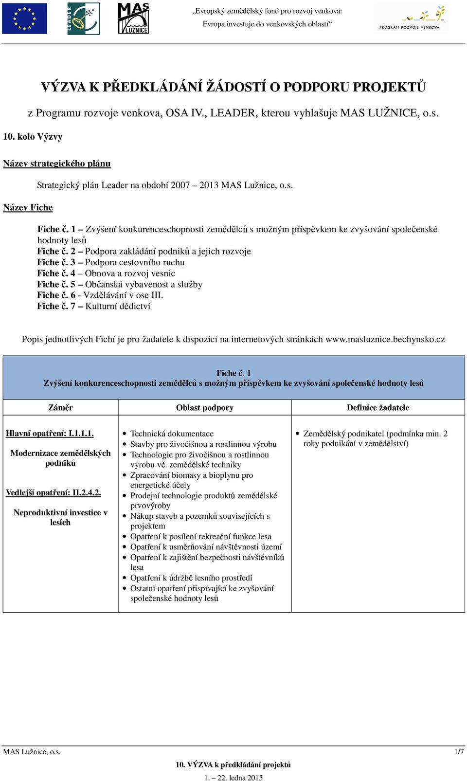 1 Zvýšení konkurenceschopnosti zemědělců s možným příspěvkem ke zvyšování společenské hodnoty lesů Fiche č. 2 Podpora zakládání podniků a jejich rozvoje Fiche č. 3 Podpora cestovního ruchu Fiche č.