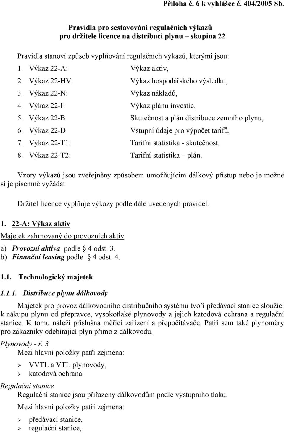 Výkaz 22-HV: Výkaz hospodářského výsledku, 3. Výkaz 22-N: Výkaz nákladů, 4. Výkaz 22-I: Výkaz plánu investic, 5. Výkaz 22-B Skutečnost a plán distribuce zemního plynu, 6.