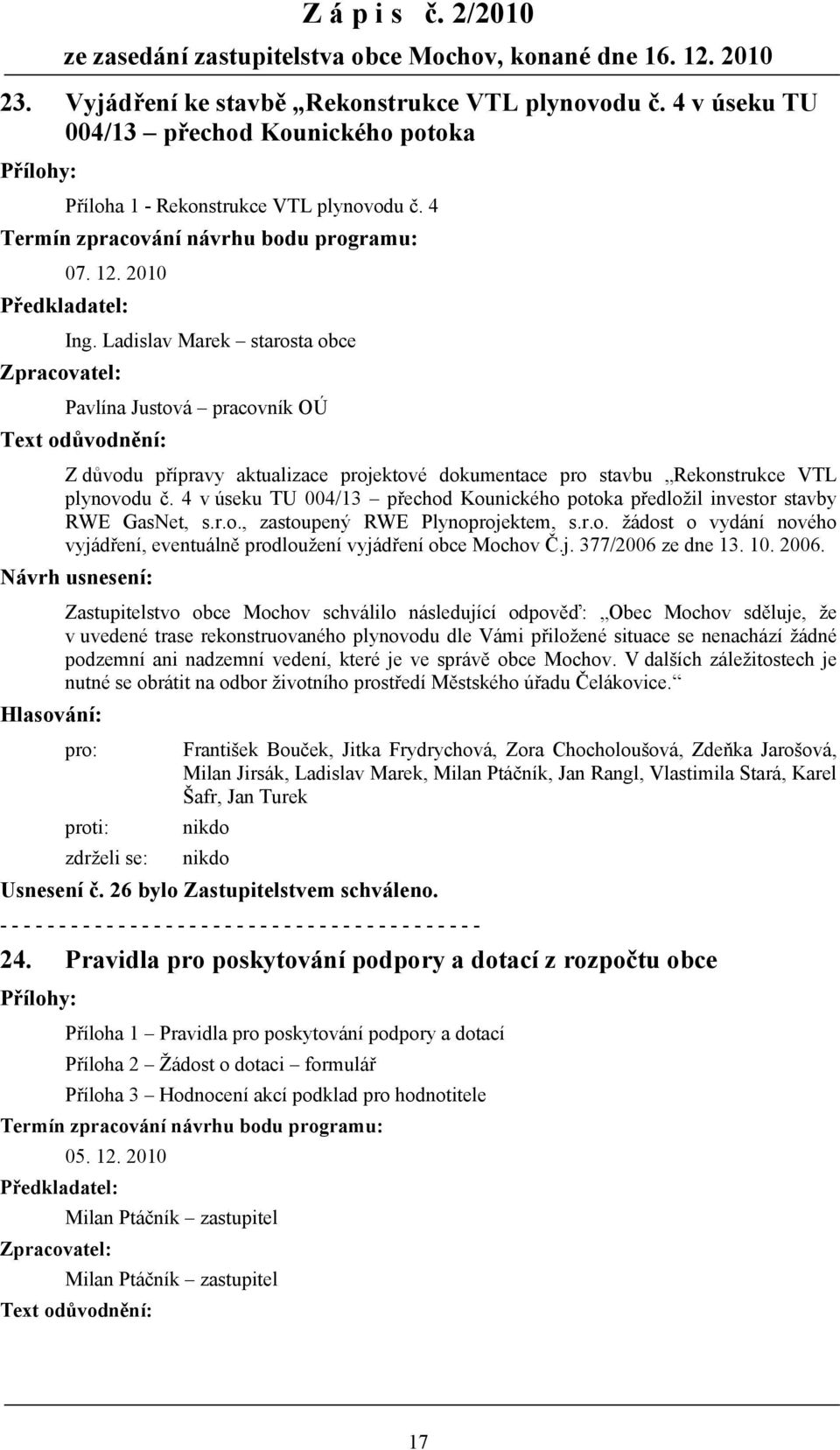 4 v úseku TU 004/13 přechod Kounického potoka předložil investor stavby RWE GasNet, s.r.o., zastoupený RWE Plynoprojektem, s.r.o. žádost o vydání nového vyjádření, eventuálně prodloužení vyjádření obce Mochov Č.