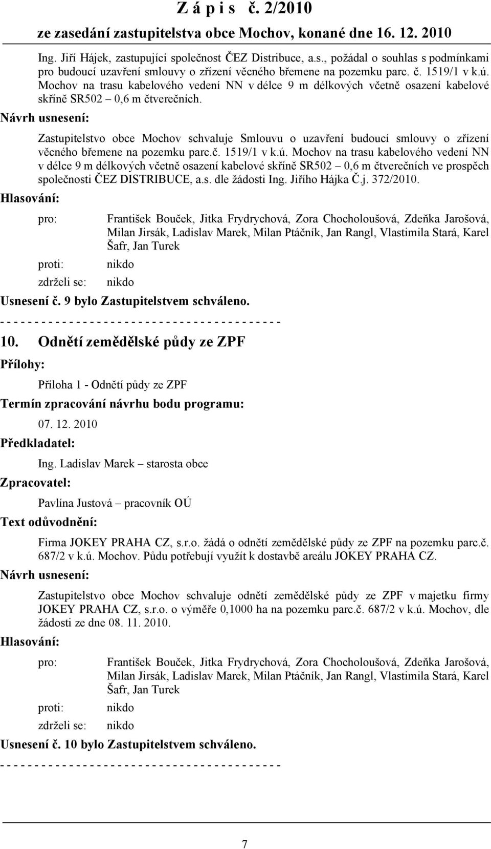 Zastupitelstvo obce Mochov schvaluje Smlouvu o uzavření budoucí smlouvy o zřízení věcného břemene na pozemku parc.č. 1519/1 v k.ú.