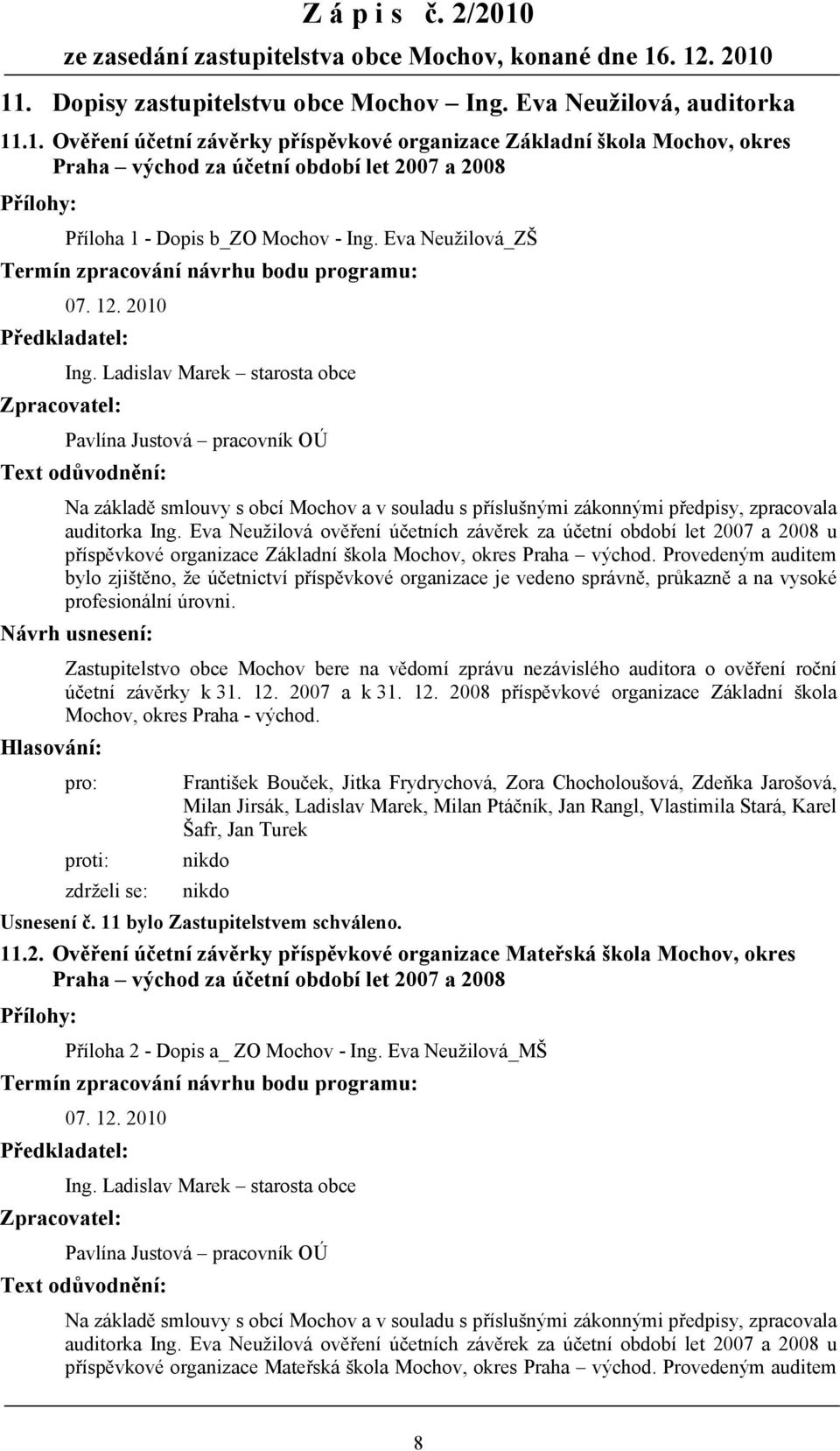 Eva Neužilová ověření účetních závěrek za účetní období let 2007 a 2008 u příspěvkové organizace Základní škola Mochov, okres Praha východ.