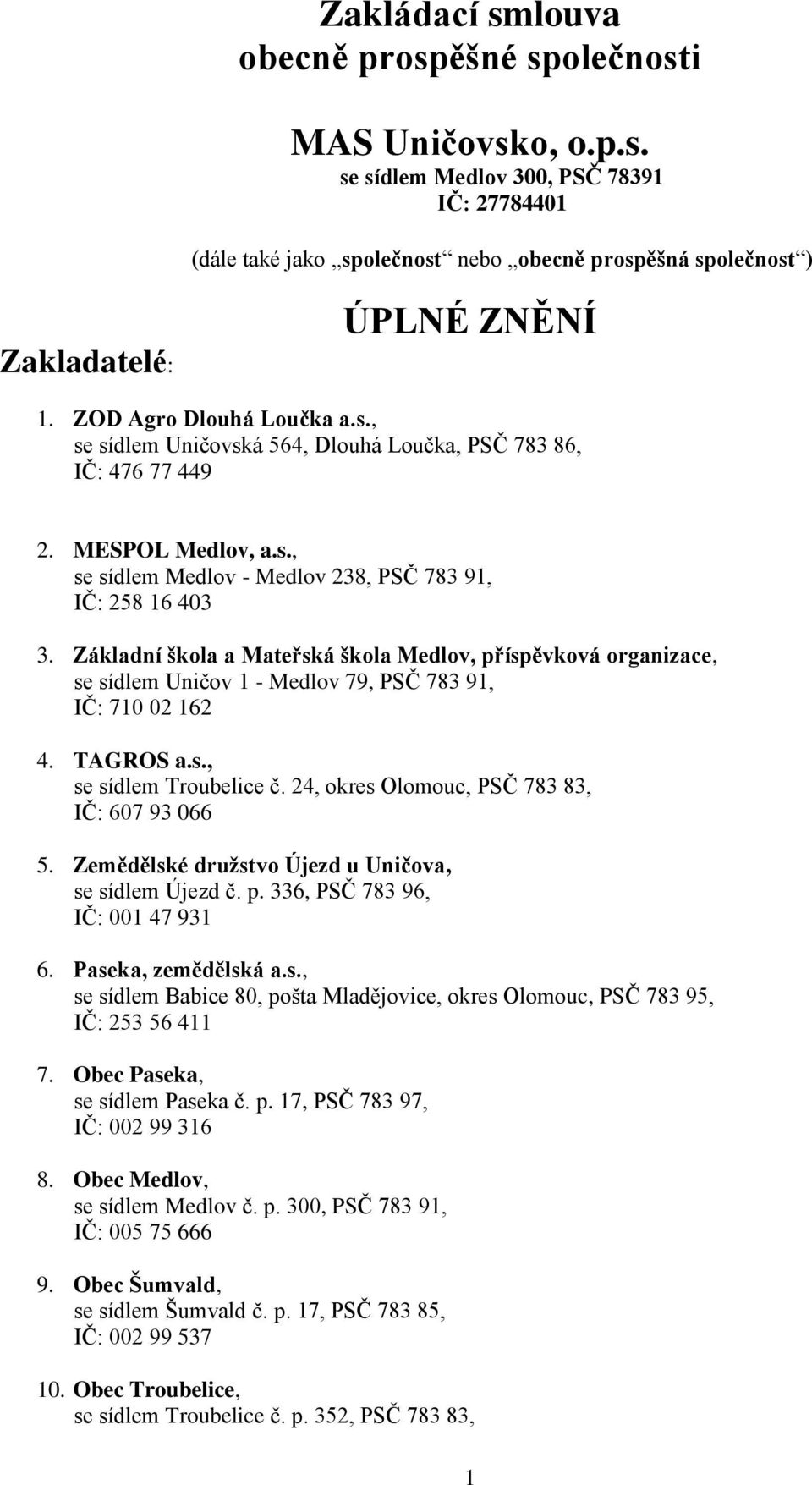 Základní škola a Mateřská škola Medlov, příspěvková organizace, se sídlem Uničov 1 - Medlov 79, PSČ 783 91, IČ: 710 02 162 4. TAGROS a.s., se sídlem Troubelice č.