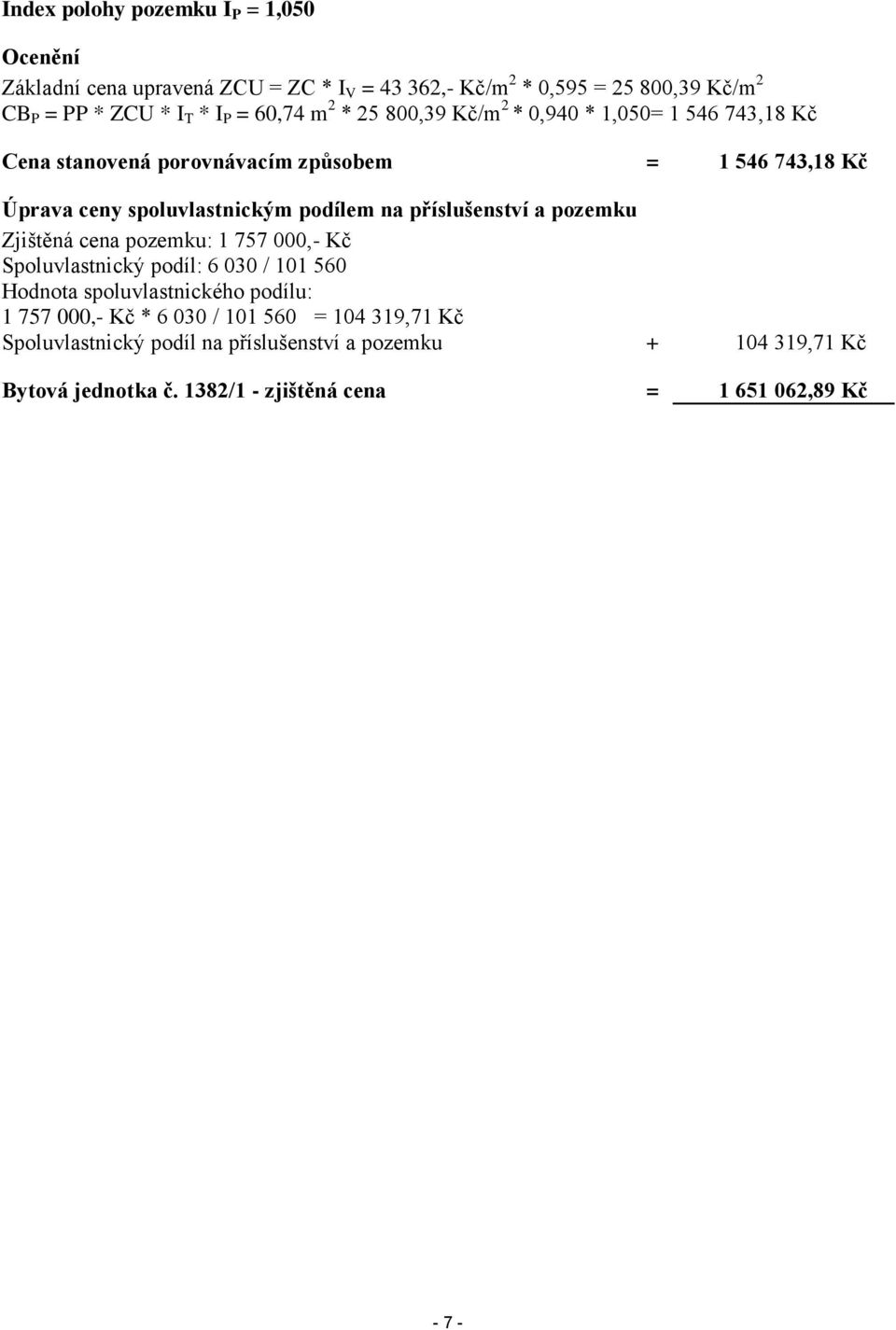 příslušenství a pozemku Zjištěná cena pozemku: 1 757 000,- Kč Spoluvlastnický podíl: 6 030 / 101 560 Hodnota spoluvlastnického podílu: 1 757 000,- Kč * 6