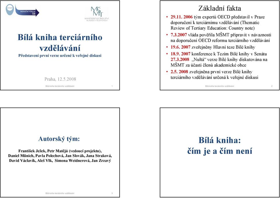 2007 vláda pověřila MŠMT připravit v návaznosti na doporučení OECD reformu terciárního vzdělávání 19.6. 2007 zveřejněny Hlavní teze Bílé knihy 18.9. 2007 konference k Tezím Bílé knihy v Senátu 27.3.