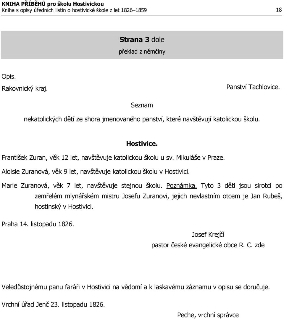 Aloisie Zuranová, věk 9 let, navštěvuje katolickou školu v Hostivici. Marie Zuranová, věk 7 let, navštěvuje stejnou školu. Poznámka.