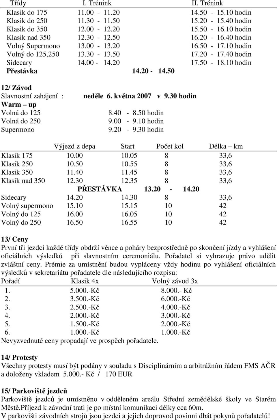 50 12/ Závod Slavnostní zahájení : Warm up Volná do 125 Volná do 250 Supermono neděle 6. května 2007 v 9.30 hodin 8.40-8.50 hodin 9.00-9.10 hodin 9.20-9.