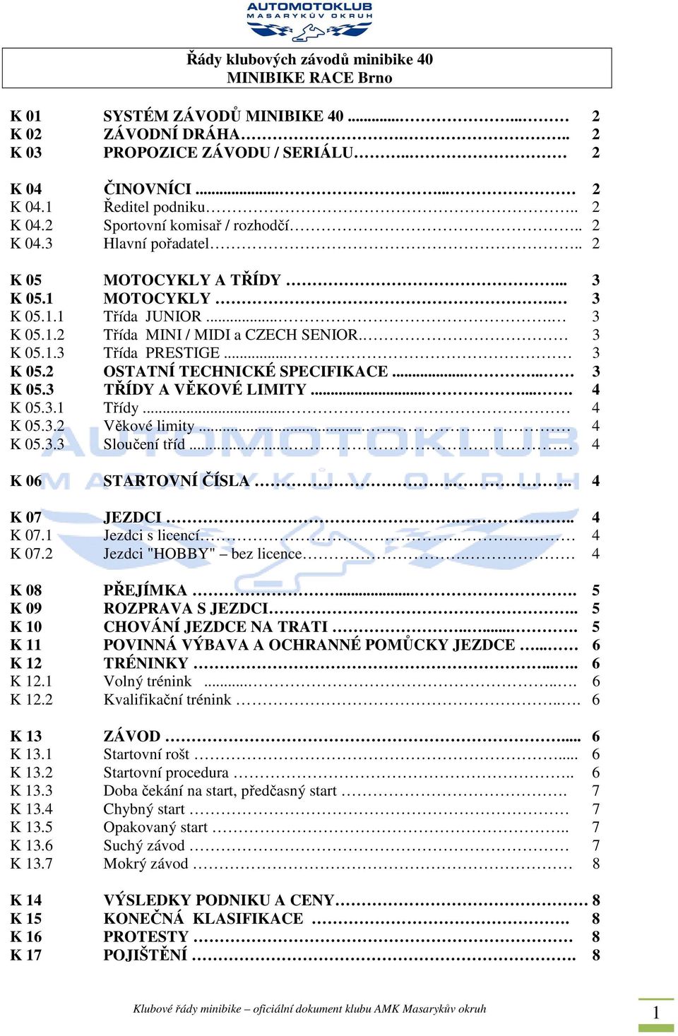 .. 3 K 05.2 OSTATNÍ TECHNICKÉ SPECIFIKACE...... 3 K 05.3 TŘÍDY A VĚKOVÉ LIMITY....... 4 K 05.3.1 Třídy... 4 K 05.3.2 Věkové limity... 4 K 05.3.3 Sloučení tříd... 4 K 06 STARTOVNÍ ČÍSLA.... 4 K 07 JEZDCI.