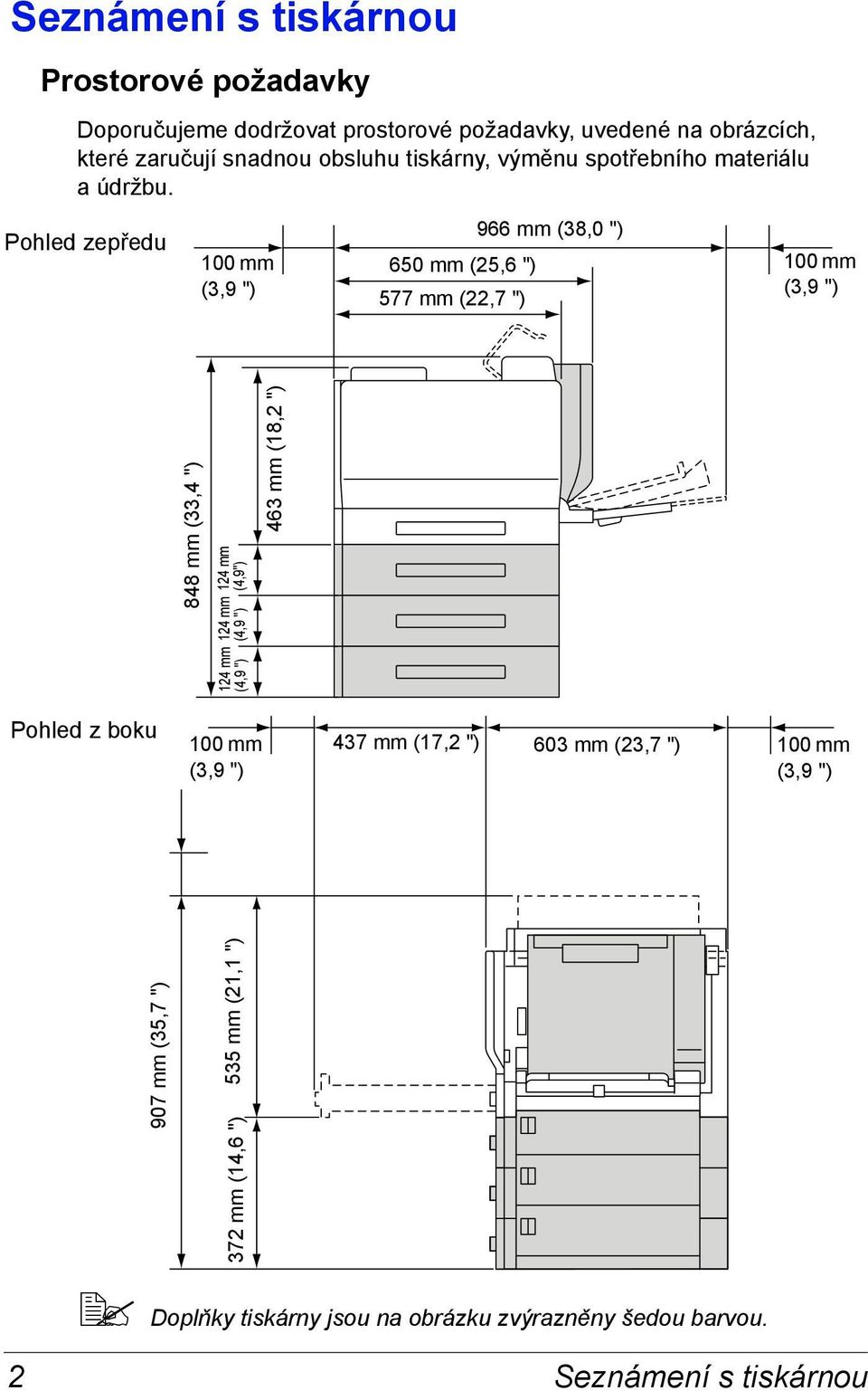 Pohled zepředu 100 mm (3,9 ") 650 mm (25,6 ") 577 mm (22,7 ") 966 mm (38,0 ") 100 mm (3,9 ") 848 mm (33,4 ") 124 mm (4,9 ") 124 mm (4,9 ")