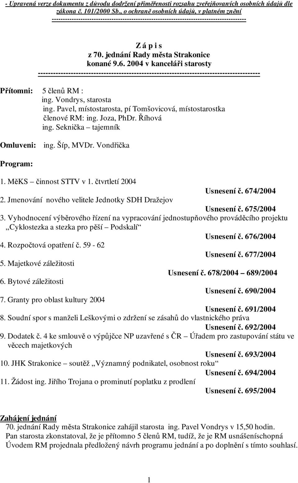 2004 v kanceláři starosty ---------------------------------------------------------------------------------------- Přítomni: 5 členů RM : ing. Vondrys, starosta ing.