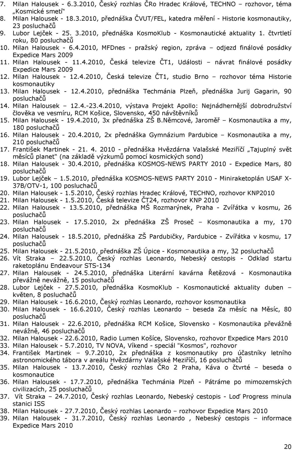 2010, MFDnes - pražský region, zpráva odjezd finálové posádky Expedice Mars 2009 11. Milan Halousek - 11.4.2010, Česká televize ČT1, Události návrat finálové posádky Expedice Mars 2009 12.