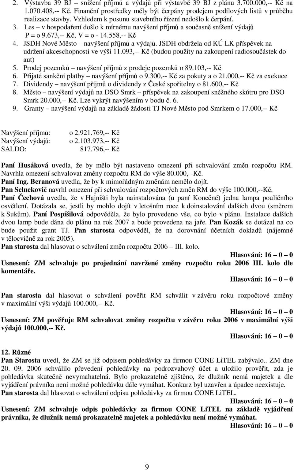 JSDH Nové Msto navýšení píjm a výdaj. JSDH obdržela od KÚ LK píspvek na udržení akceschopnosti ve výši 11.093,-- K (budou použity na zakoupení radiosouástek do aut) 5.