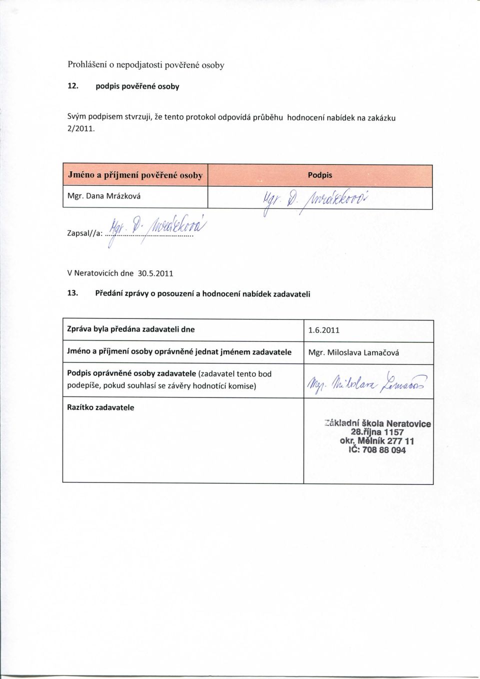 Jmeno a pfijmeni poverene osoby Podpis Mgr. Dana Mrazkova V Neratovicich dne 30.5.2011 13.