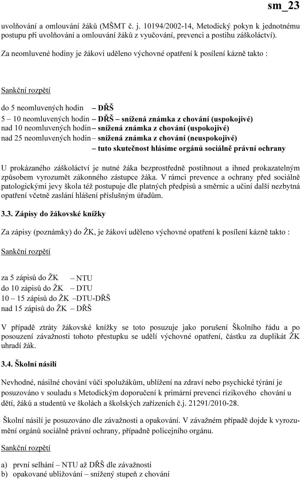 neomluvených hodin snížená známka z chování (uspokojivé) nad 25 neomluvených hodin snížená známka z chování (neuspokojivé) tuto skutečnost hlásíme orgánů sociálně právní ochrany U prokázaného