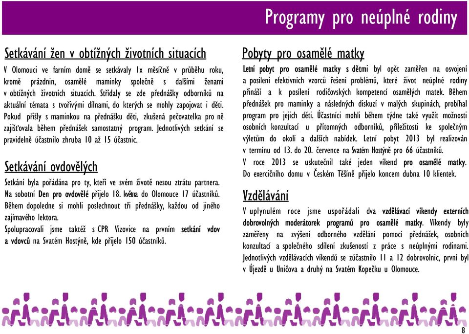 Pokud přišly s maminkou na přednášku děti, zkušená pečovatelka pro ně zajišťovala během přednášek samostatný program. Jednotlivých setkání se pravidelně účastnilo zhruba 10 až 15 účastnic.