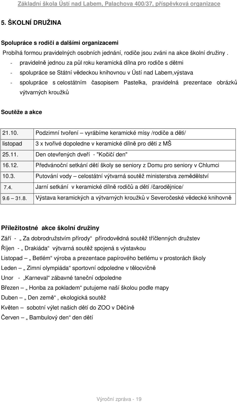 prezentace obrázků výtvarných kroužků Soutěže a akce 21.10. Podzimní tvoření vyrábíme keramické mísy /rodiče a děti/ listopad 3 x tvořivé dopoledne v keramické dílně pro děti z MŠ 25.11.