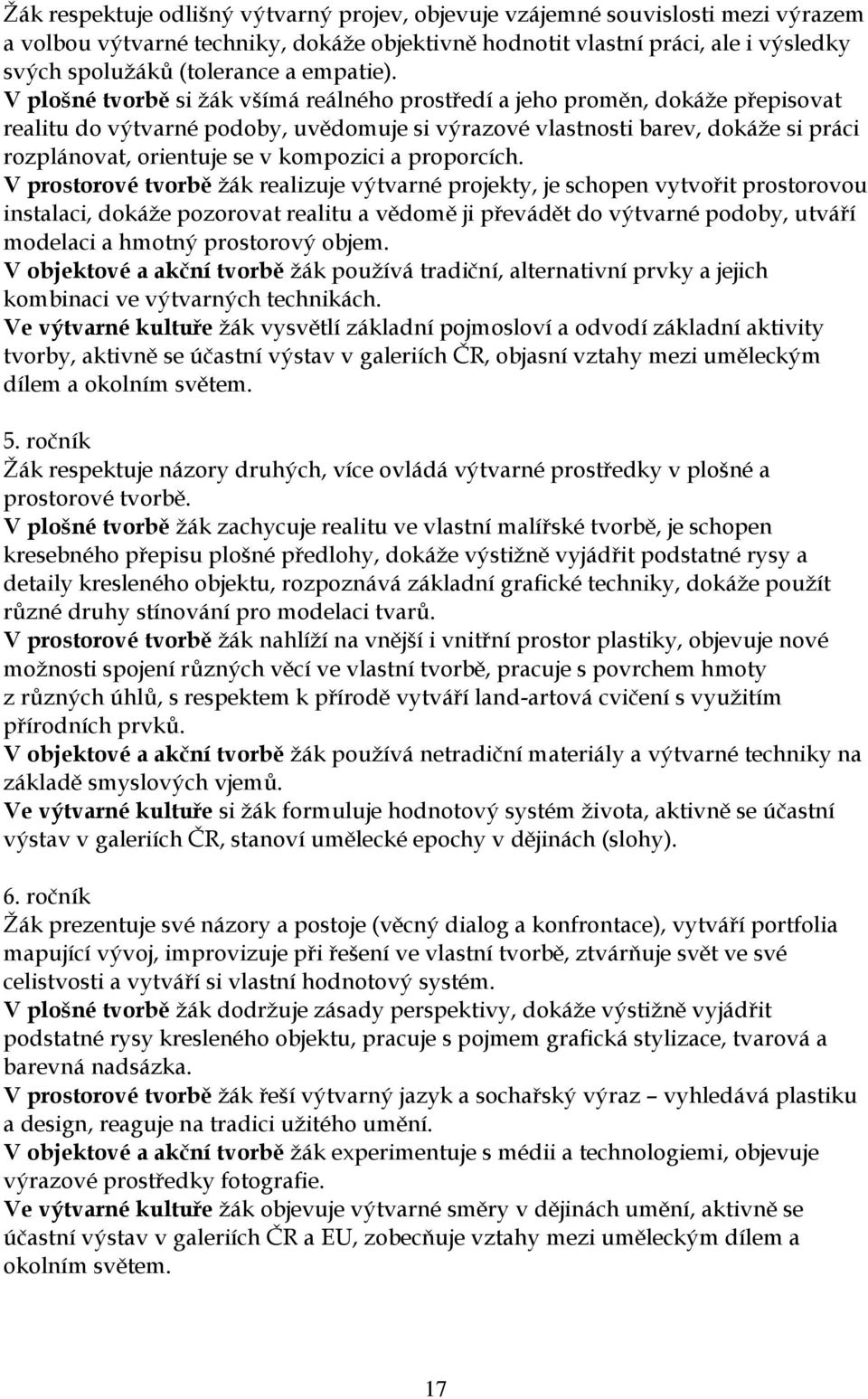 V plošné tvorbě si žák všímá reálného prostředí a jeho proměn, dokáže přepisovat realitu do výtvarné podoby, uvědomuje si výrazové vlastnosti barev, dokáže si práci rozplánovat, orientuje se v