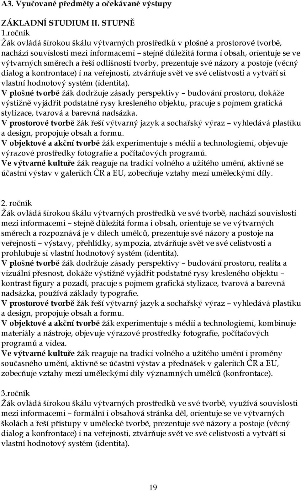 odlišnosti tvorby, prezentuje své názory a postoje (věcný dialog a konfrontace) i na veřejnosti, ztvárňuje svět ve své celistvosti a vytváří si vlastní hodnotový systém (identita).