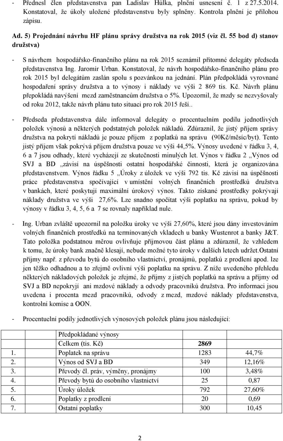 55 bod d) stanov družstva) - S návrhem hospodářsko-finančního plánu na rok 2015 seznámil přítomné delegáty předseda představenstva Ing. Jaromír Urban.