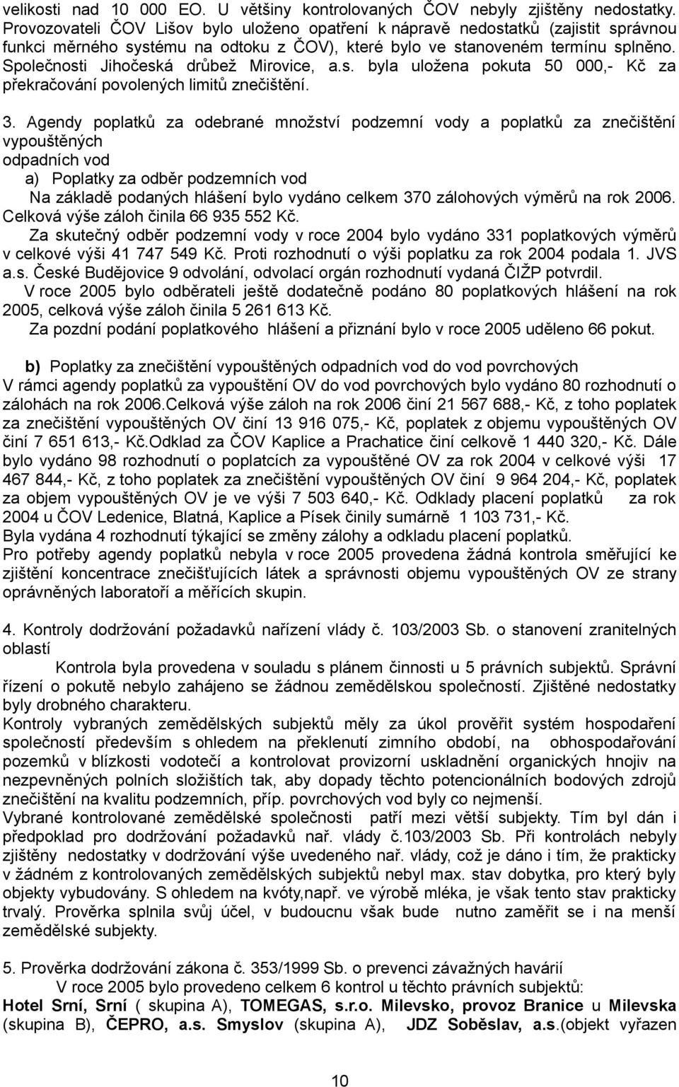 Společnosti Jihočeská drůbež Mirovice, a.s. byla uložena pokuta 50 000,- Kč za překračování povolených limitů znečištění. 3.