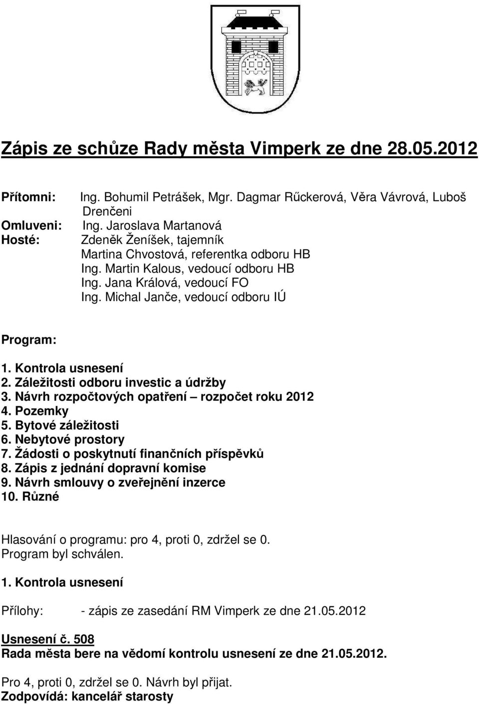 Michal Janče, vedoucí odboru IÚ Program: 1. Kontrola usnesení 2. Záležitosti odboru investic a údržby 3. Návrh rozpočtových opatření rozpočet roku 2012 4. Pozemky 5. Bytové záležitosti 6.