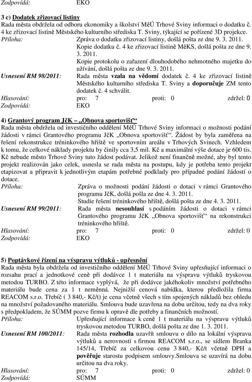 3. Usnesení RM 98/2011: Rada města vzala na vědomí dodatek č. 4 ke zřizovací listině Městského kulturního střediska T. Sviny a doporučuje ZM tento dodatek č. 4 schválit.