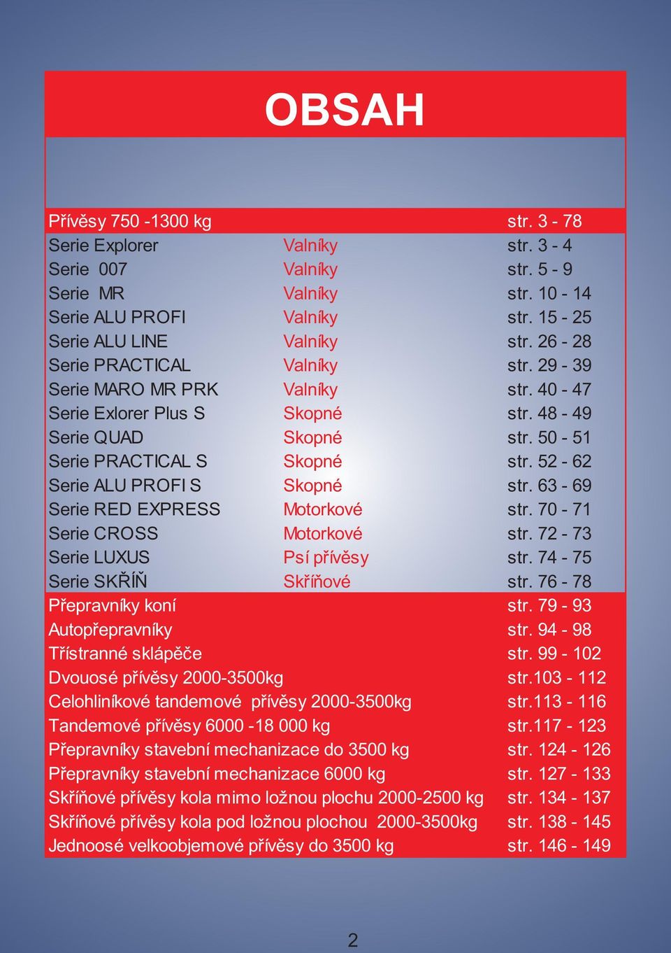 52-62 Serie ALU PROFI S Skopné str. 63-69 Serie RED EXPRESS Motorkové str. 70-71 Serie CROSS Motorkové str. 72-73 Serie LUXUS Psí pøívìsy str. 74-75 Serie SKØÍÒ Skøíòové str.