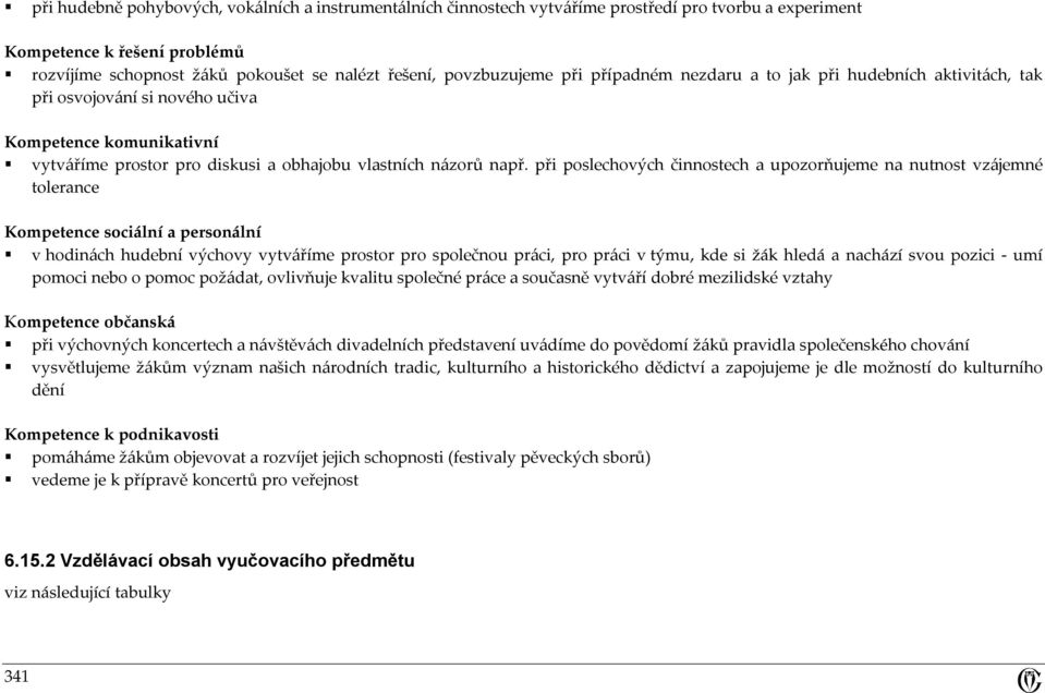 při poslechových činnostech a upozorňujeme na nutnost vzájemné tolerance Kompetence sociální a personální v hodinách hudební výchovy vytváříme prostor pro společnou práci, pro práci v týmu, kde si