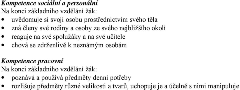 učitele chová se zdrženlivě k neznámým osobám Kompetence pracovní poznává a používá