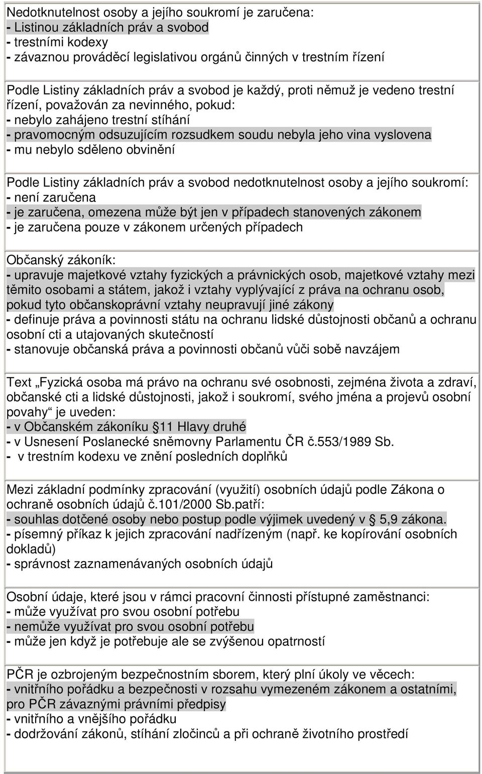 mu nebylo sděleno obvinění Podle Listiny základních práv a svobod nedotknutelnost osoby a jejího soukromí: - není zaručena - je zaručena, omezena může být jen v případech stanovených zákonem - je