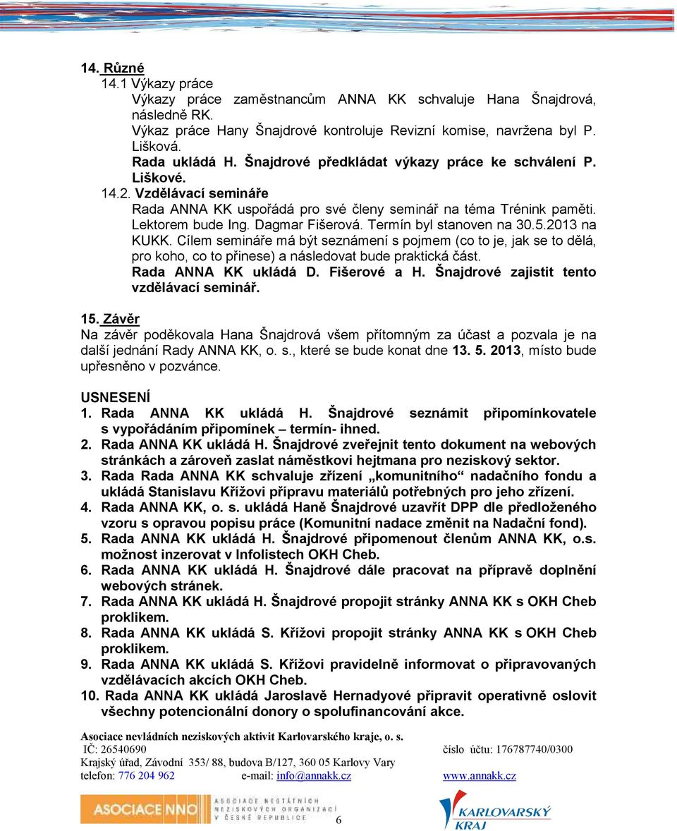 Termín byl stanoven na 30.5.2013 na KUKK. Cílem semináře má být seznámení s pojmem (co to je, jak se to dělá, pro koho, co to přinese) a následovat bude praktická část. Rada ANNA KK ukládá D.