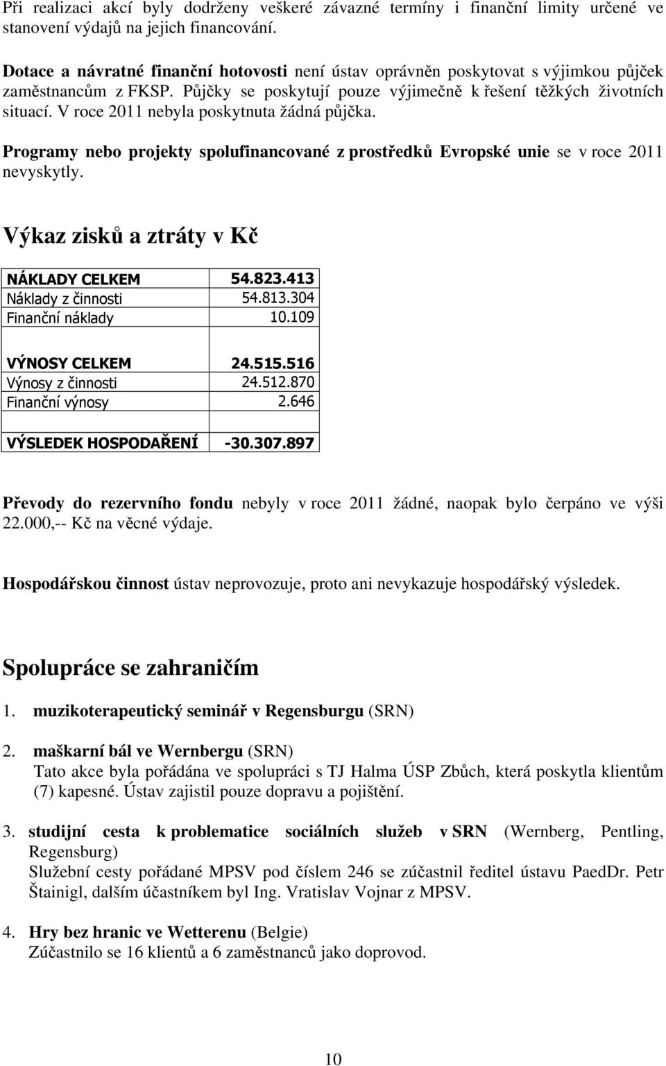 V roce 2011 nebyla poskytnuta žádná půjčka. Programy nebo projekty spolufinancované z prostředků Evropské unie se v roce 2011 nevyskytly. Výkaz zisků a ztráty v Kč NÁKLADY CELKEM 54.823.