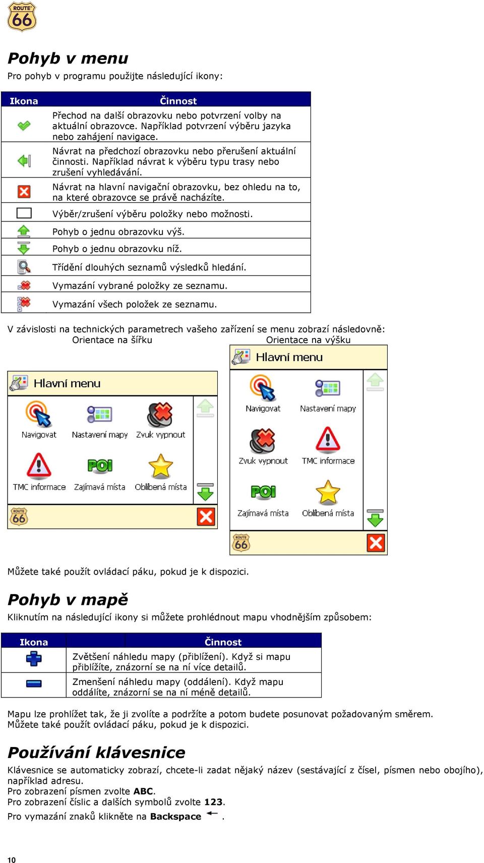 Návrat na hlavní navigační obrazovku, bez ohledu na to, na které obrazovce se právě nacházíte. Výběr/zrušení výběru položky nebo možnosti. Pohyb o jednu obrazovku výš. Pohyb o jednu obrazovku níž.