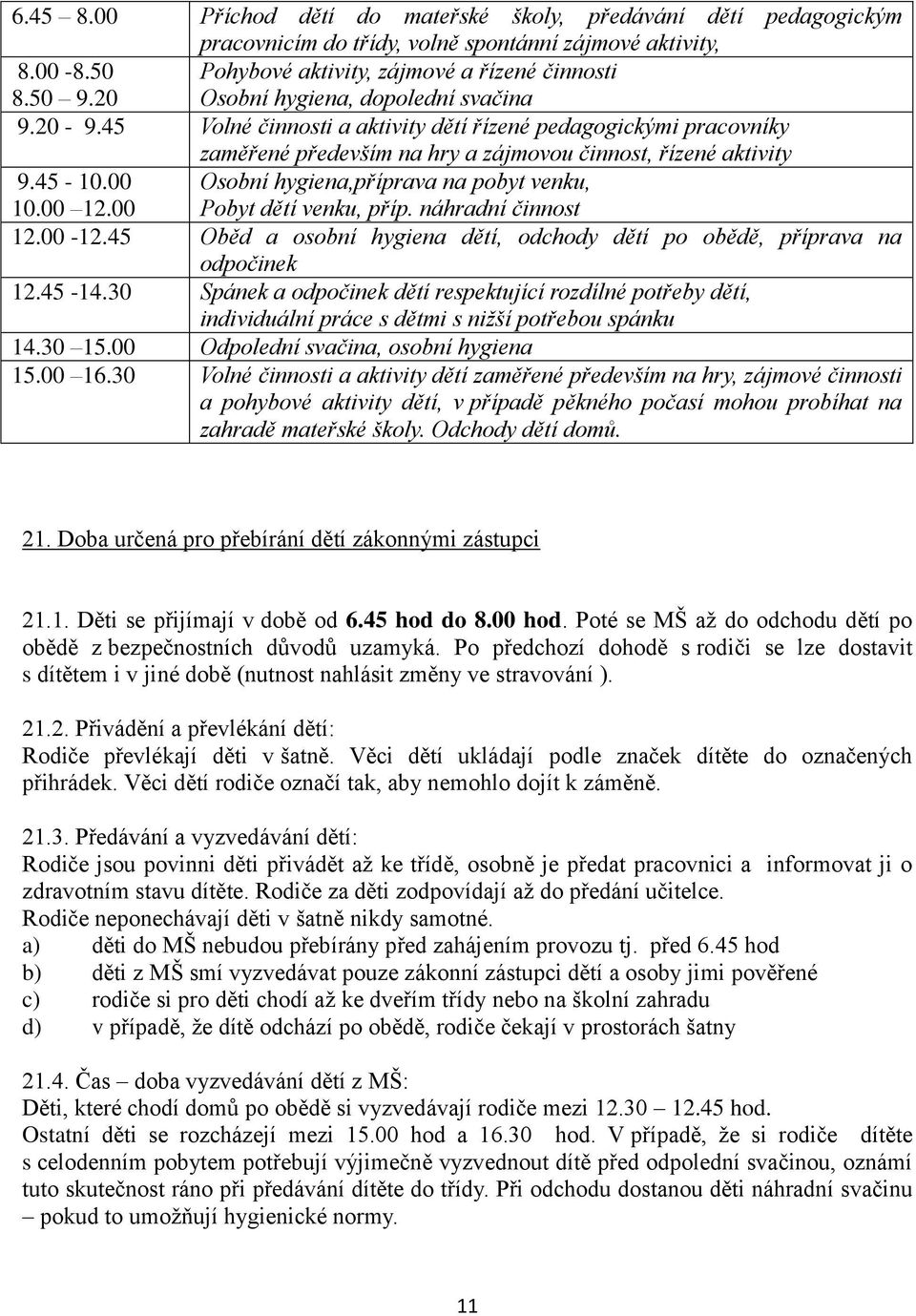 00 Osobní hygiena,příprava na pobyt venku, 10.00 12.00 Pobyt dětí venku, příp. náhradní činnost 12.00-12.45 Oběd a osobní hygiena dětí, odchody dětí po obědě, příprava na odpočinek 12.45-14.