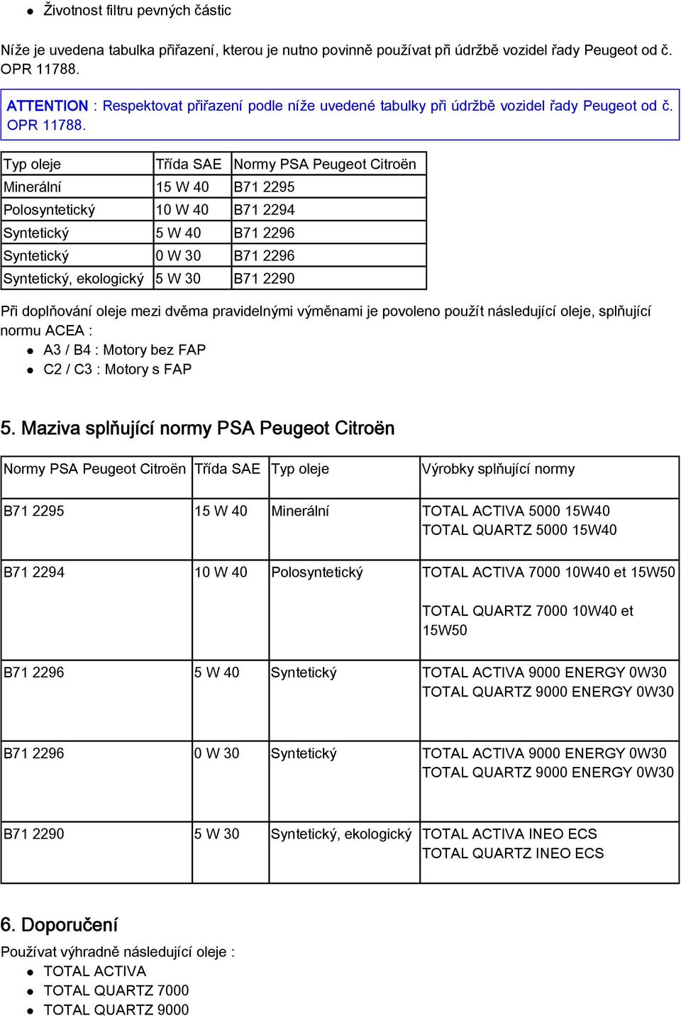 Typ oleje Třída SAE Normy PSA Peugeot Citroën Minerální 15 W 40 B71 2295 Polosyntetický 10 W 40 B71 2294 Syntetický 5 W 40 B71 2296 Syntetický 0 W 30 B71 2296 Syntetický, ekologický 5 W 30 B71 2290