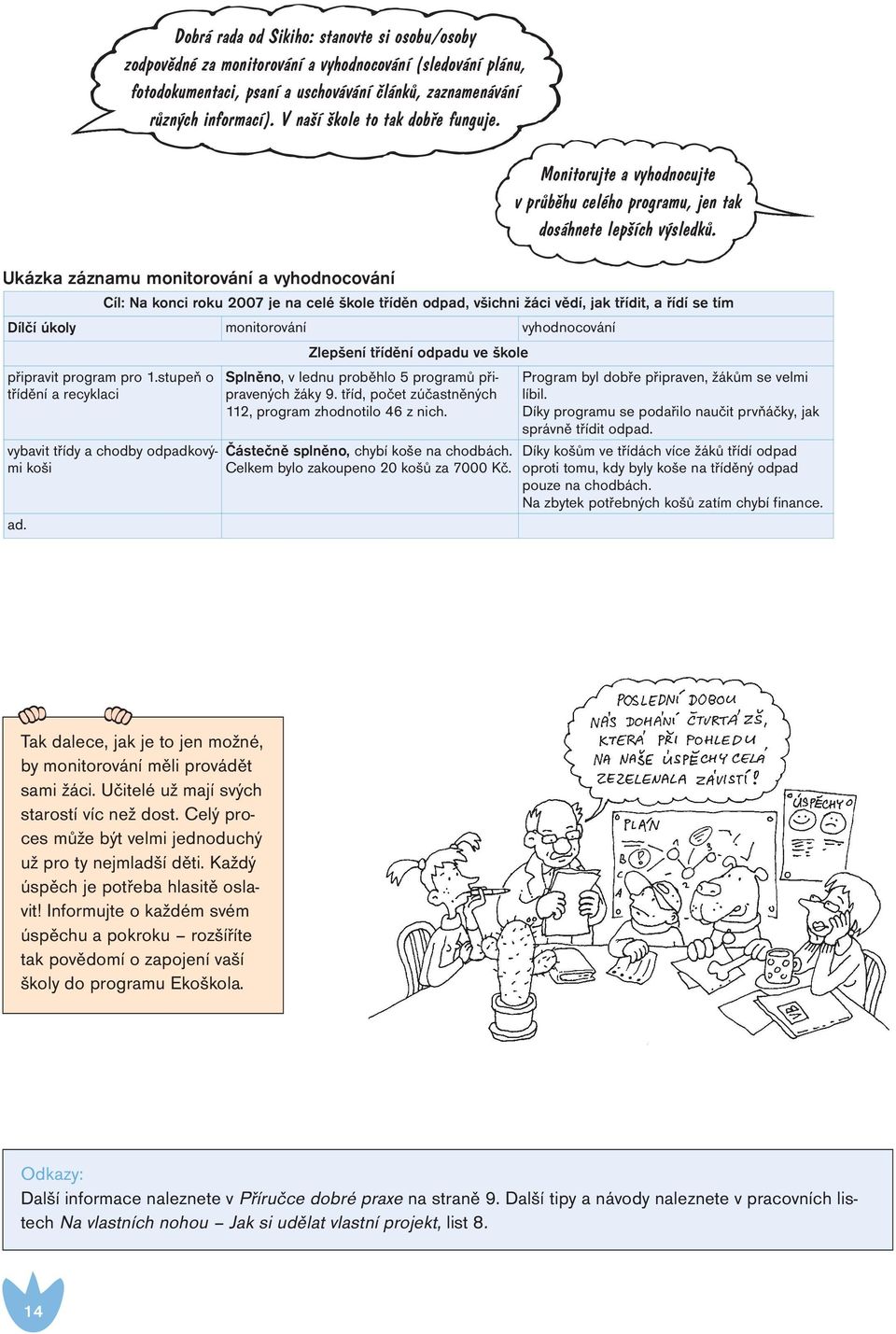 Ukázka záznamu monitorování a vyhodnocování Cíl: Na konci roku 2007 je na celé škole tříděn odpad, všichni žáci vědí, jak třídit, a řídí se tím Dílčí úkoly monitorování vyhodnocování připravit