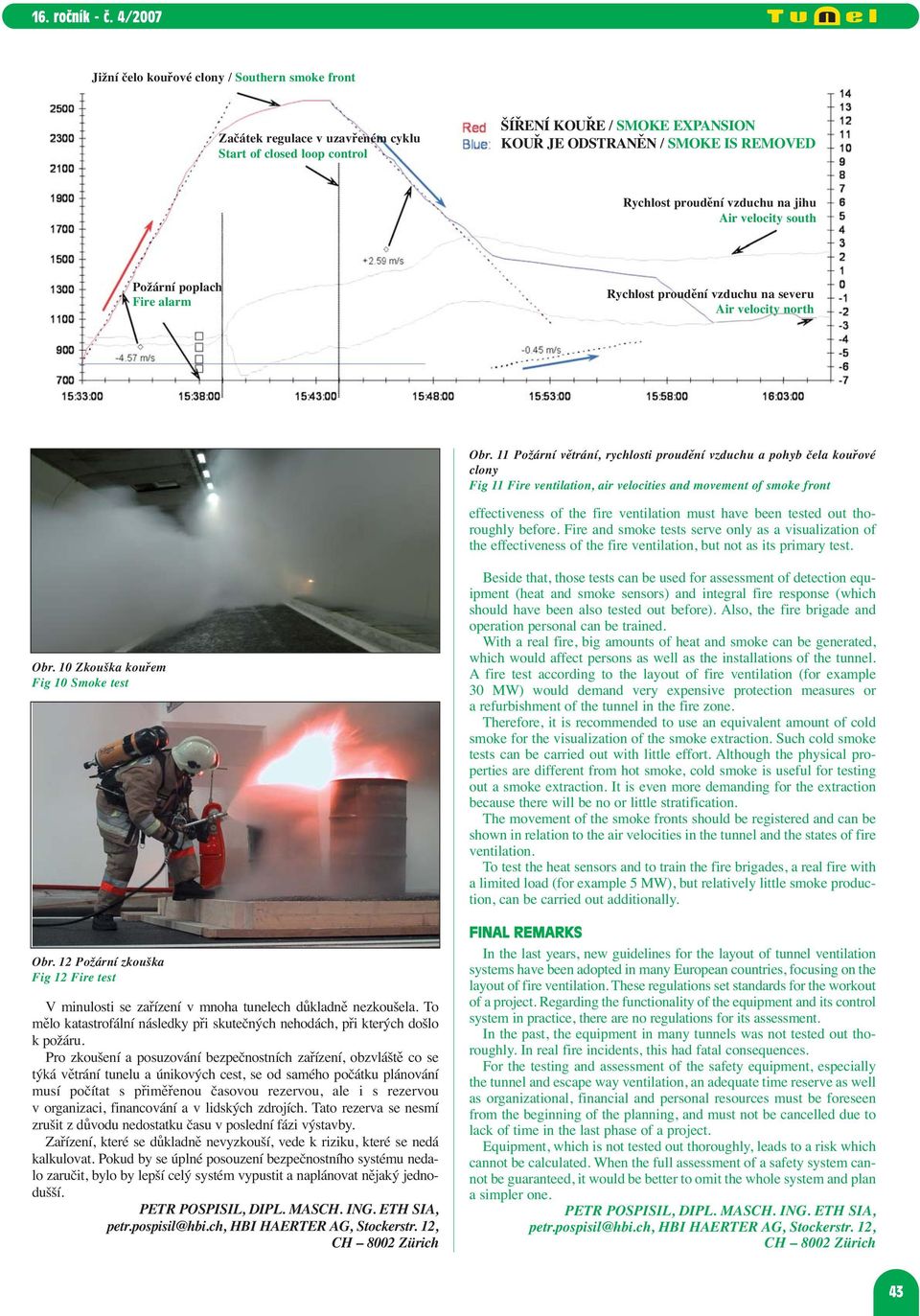 11 Požární větrání, rychlosti proudění vzduchu a pohyb čela kouřové clony Fig 11 Fire ventilation, air velocities and movement of smoke front effectiveness of the fire ventilation must have been