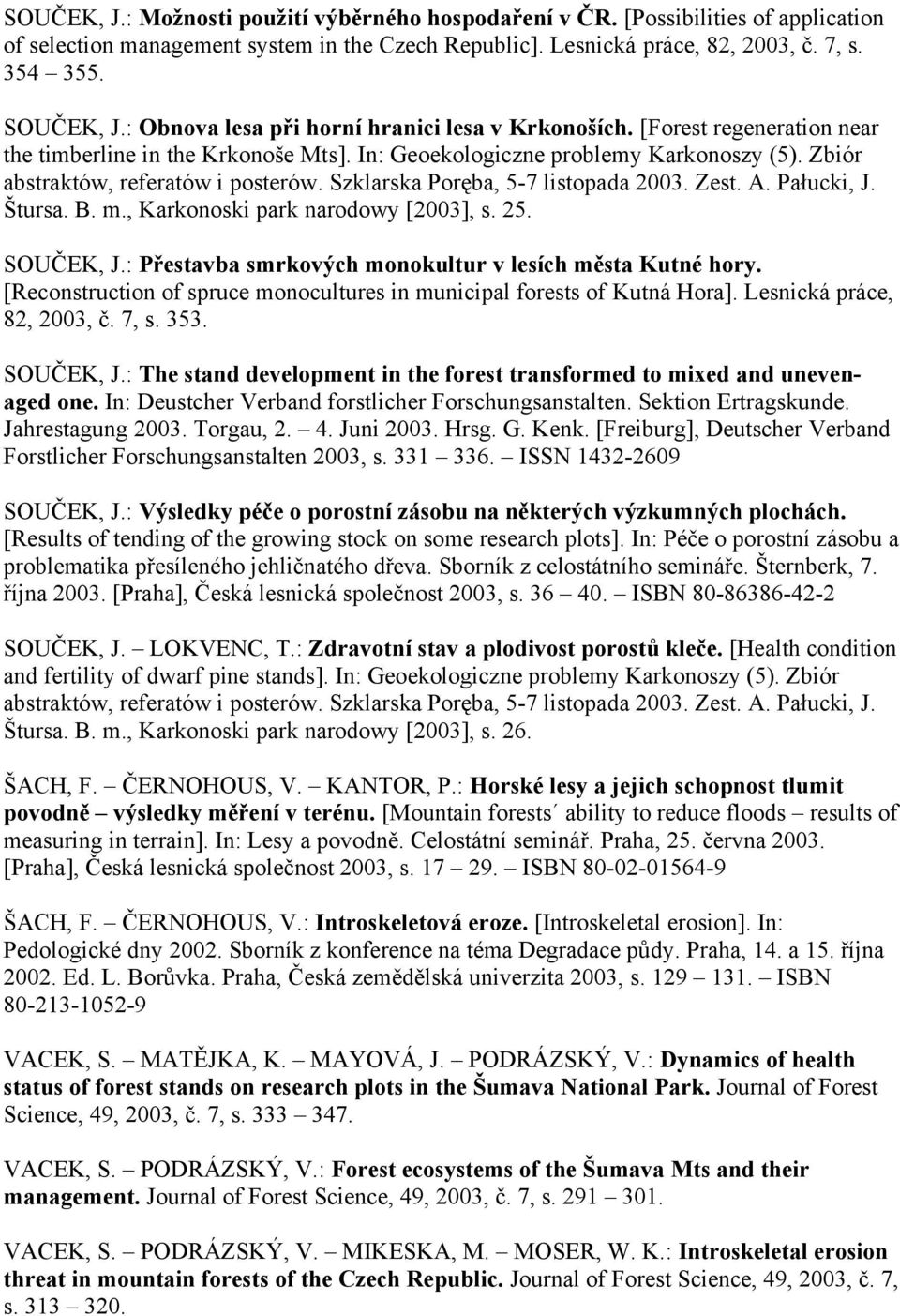 Szklarska Poręba, 5-7 listopada 2003. Zest. A. Pałucki, J. Štursa. B. m., Karkonoski park narodowy [2003], s. 25. SOUČEK, J.: Přestavba smrkových monokultur v lesích města Kutné hory.