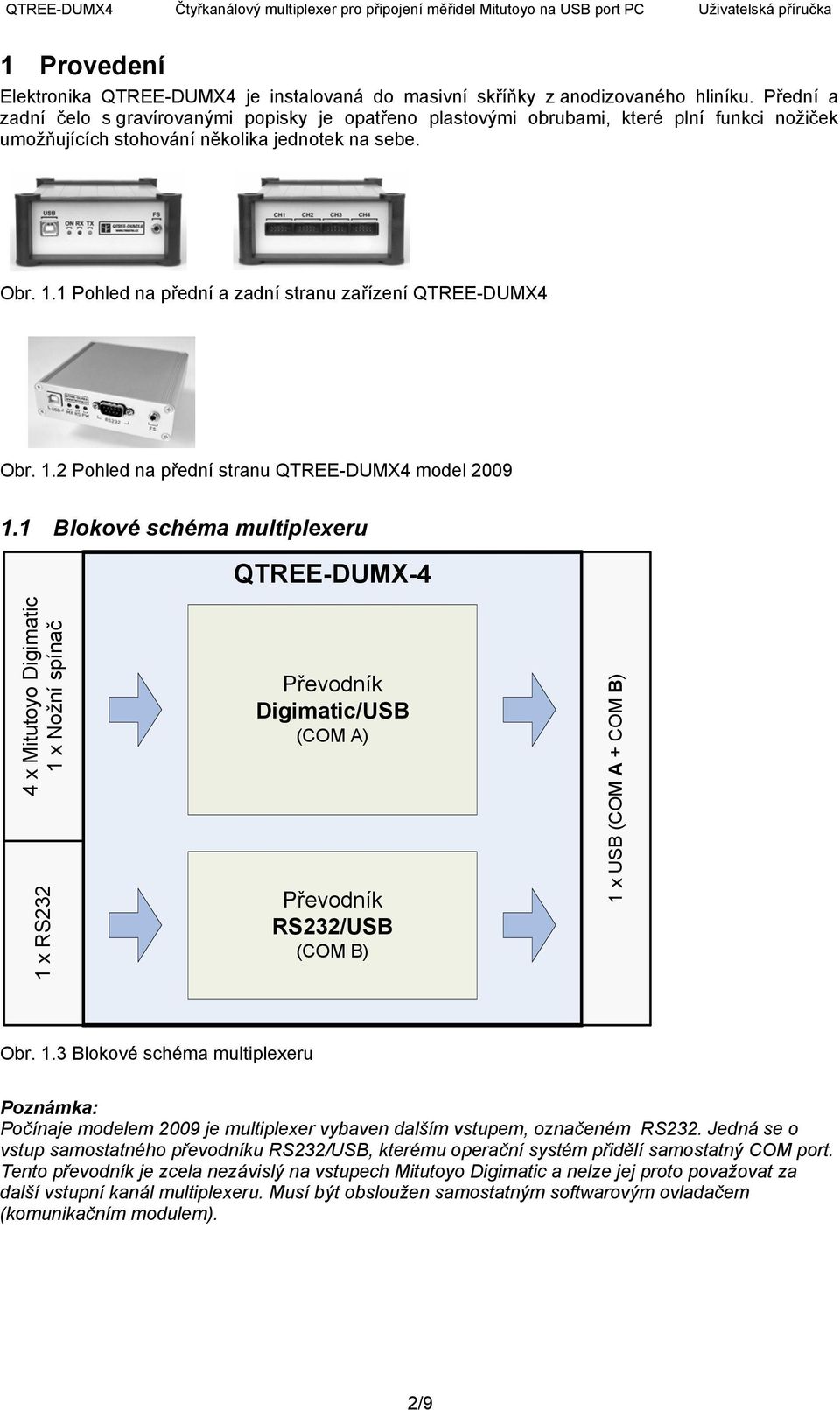 1 Pohled na přední a zadní stranu zařízení QTREE-DUMX4 Obr. 1.2 Pohled na přední stranu QTREE-DUMX4 model 2009 1.