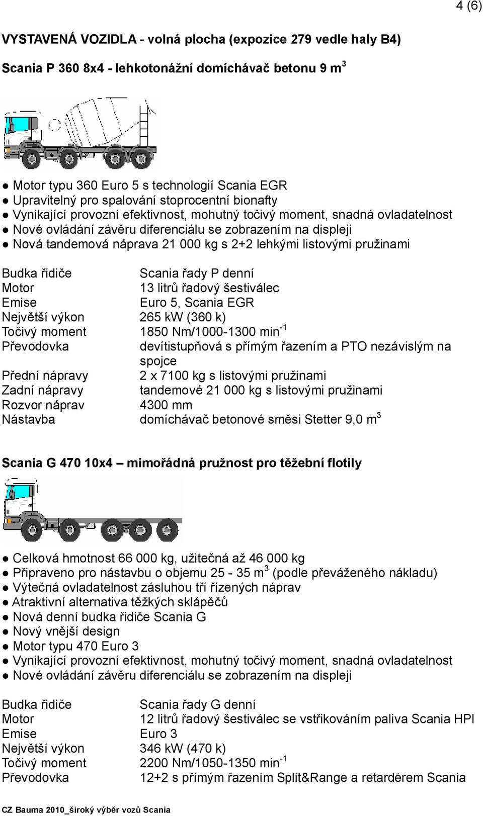 řadový šestiválec Euro 5, Scania EGR Největší výkon 265 kw (360 k) Točivý moment 1850 Nm/1000-1300 min -1 devítistupňová s přímým řazením a PTO nezávislým na spojce Přední nápravy 2 x 7100 kg s