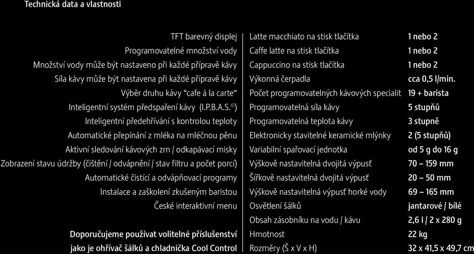 ) Inteligentní předehřívání s kontrolou teploty Automatické přepínání z mléka na mléčnou pěnu Aktivní sledování kávových zrn / odkapávací misky Zobrazení stavu údržby (čištění / odvápnění / stav