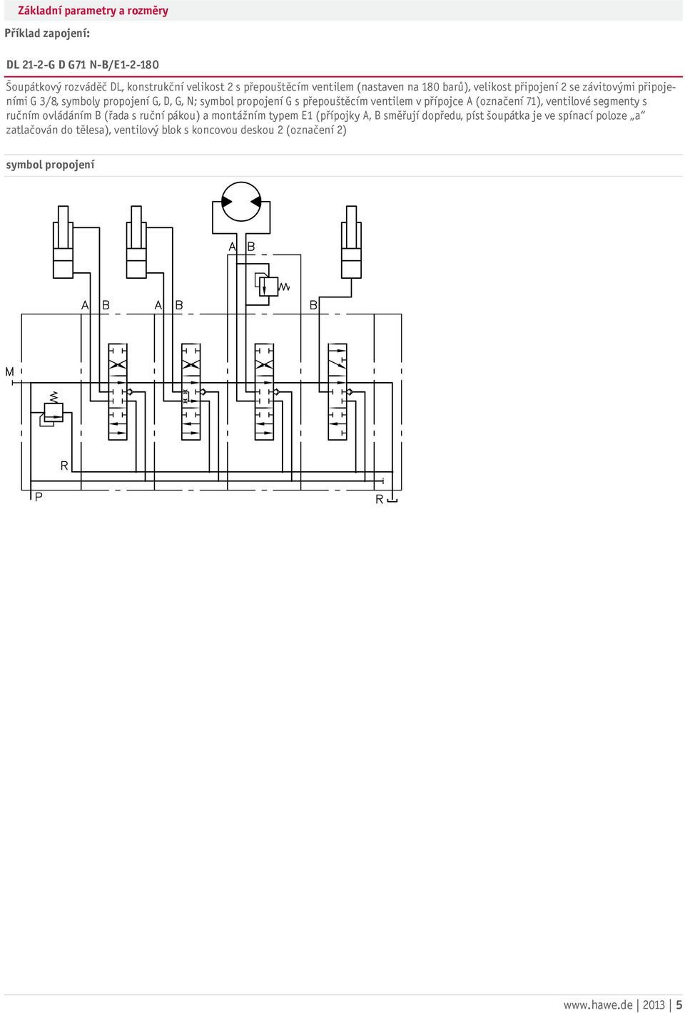přepouštěcím ventilem v přípojce A (označení 71), ventilové segmenty s ručním ovládáním B (řada s ruční pákou) a montážním typem E1 (přípojky A,
