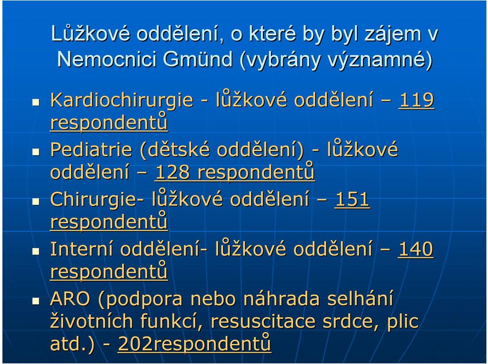 respondentů Chirurgie- lůžkové oddělen lení 151 respondentů Interní oddělen lení- lůžkové oddělen lení