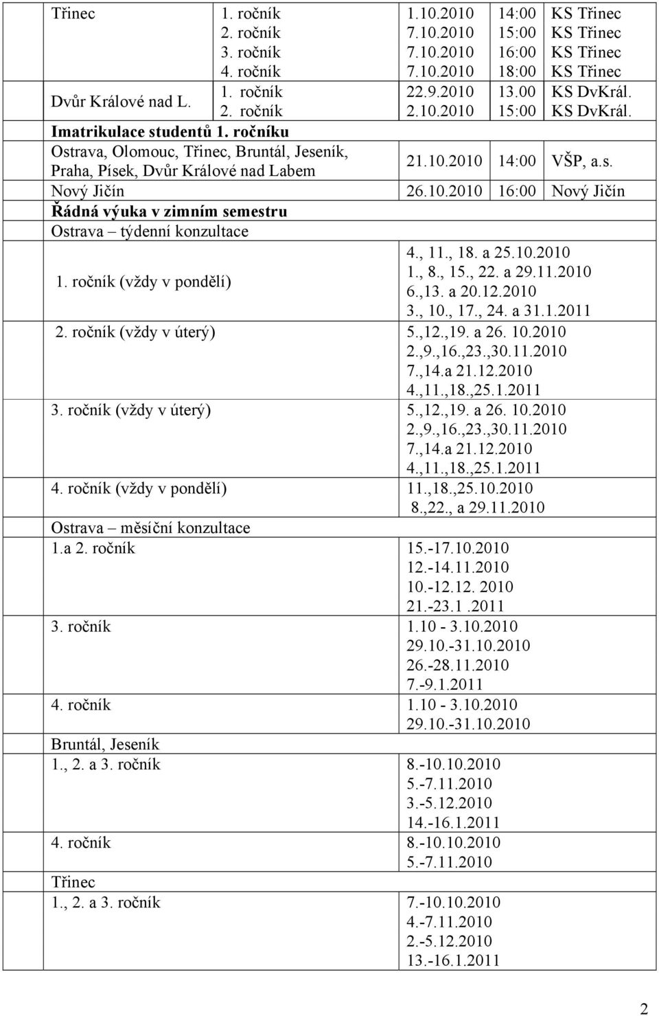 ročník (vždy v pondělí) 4., 11., 18. a 25.10.2010 1., 8., 15., 22. a 29.11.2010 6.,13. a 20.12.2010 3., 10., 17., 24. a 31.1.2011 2. ročník (vždy v úterý) 5.,12.,19. a 26. 10.2010 2.,9.,16.,23.,30.11.2010 7.